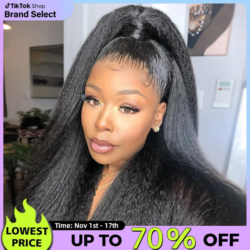 Sale Happening Now:70%OFF Pre-Cut Lace Kinky Straight 360 Full Lace Frontal Glueless Wig With Invisi Drawstring Pre Plucked Human Hair Wig